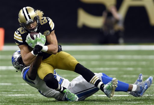 New Orleans Saints wide receiver Willie Snead (83) is tackled by Detroit Lions cornerback Quandre Diggs in the second half of an NFL football game in New Orleans, Sunday, Dec. 4, 2016. (AP Photo/Bill Feig)