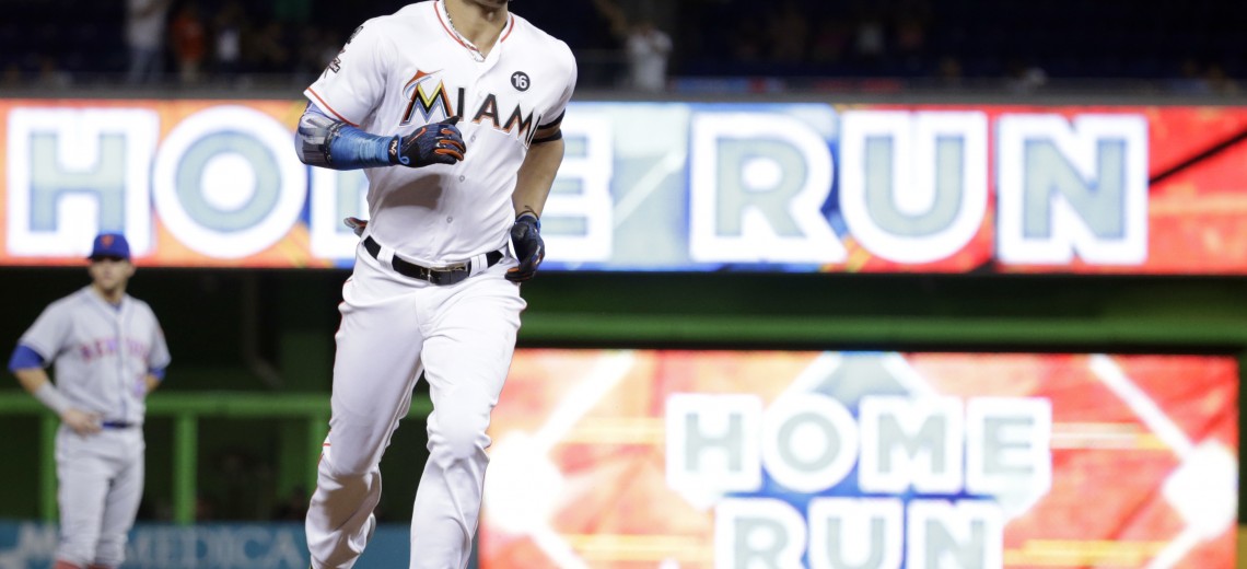 Miami Marlins' Giancarlo Stanton runs the bases after hitting a three-run home run during the fourth inning of a baseball game against the New York Mets, Monday, Sept. 18, 2017, in Miami. (AP Photo/Lynne Sladky)