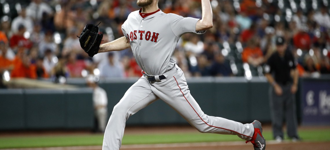 Boston Red Sox starting pitcher Chris Sale throws to the Baltimore Orioles in the first inning of a baseball game in Baltimore, Wednesday, Sept. 20, 2017. (AP Photo/Patrick Semansky)