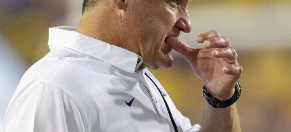 FILE - In this Sept. 30, 2017, file photo, LSU head coach Ed Orgeron reacts as his team is intercepted by Troy in the second half of an NCAA college football game, in Baton Rouge, La. Orgeron says he, offensive coordinator Matt Canada and defensive coordinator Dave Aranda had a “very positive” meeting with Athletic Director Joe Alleva, discussing where the Tigers have gone wrong and how they can fix it. LSU has lost two of three, falling by 30 at Mississippi State and losing to a Troy team the Tigers were favored to beat by three touchdowns. (AP Photo/Matthew Hinton, File)