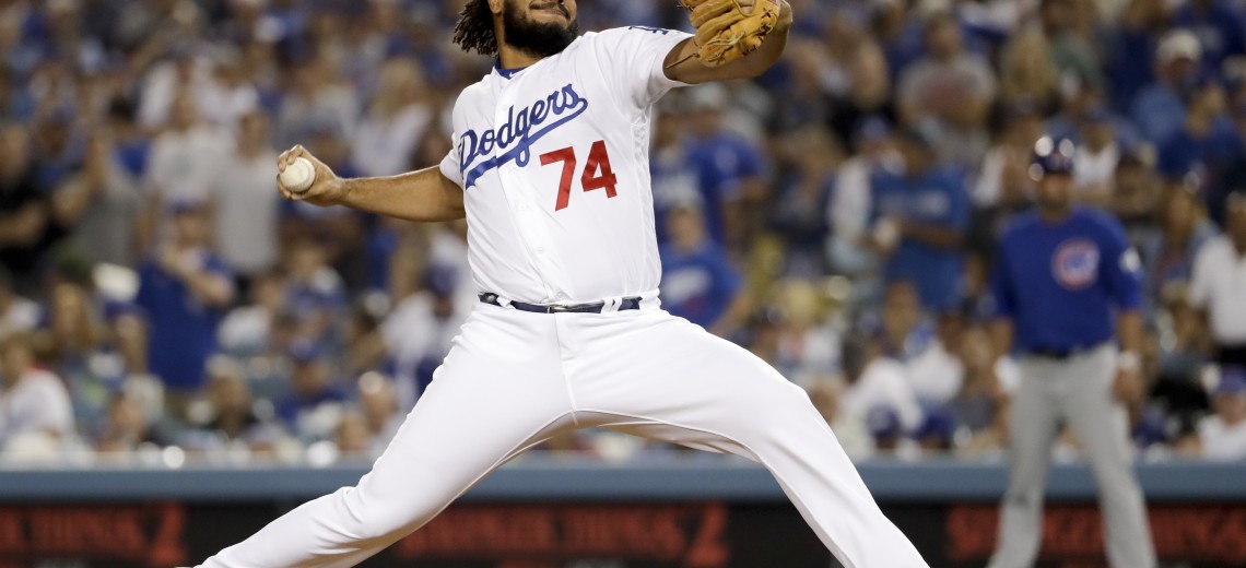 Los Angeles Dodgers relief pitcher Kenley Jansen throws to a Chicago Cubs batter during the eighth inning of Game 1 of baseball's National League Championship Series in Los Angeles, Saturday, Oct. 14, 2017. (AP Photo/Matt Slocum)