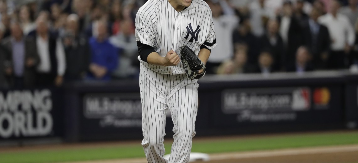 New York Yankees starting pitcher Masahiro Tanaka reacts after striking out Houston Astros' Josh Reddick during the fifth inning of Game 5 of baseball's American League Championship Series Wednesday, Oct. 18, 2017, in New York. (AP Photo/David J. Phillip)